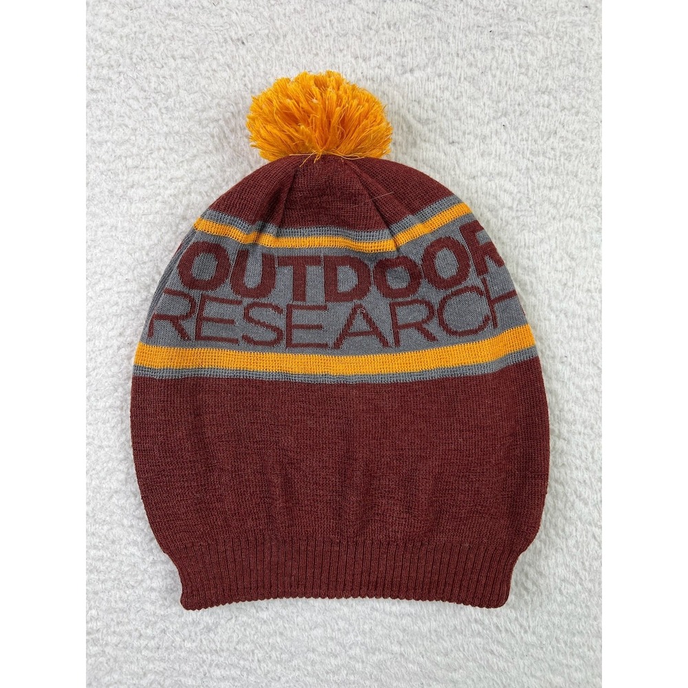 Outdoor Research Mens Beanie Hat Maroon Gray Yellow Pom Pom Wool DriRelease